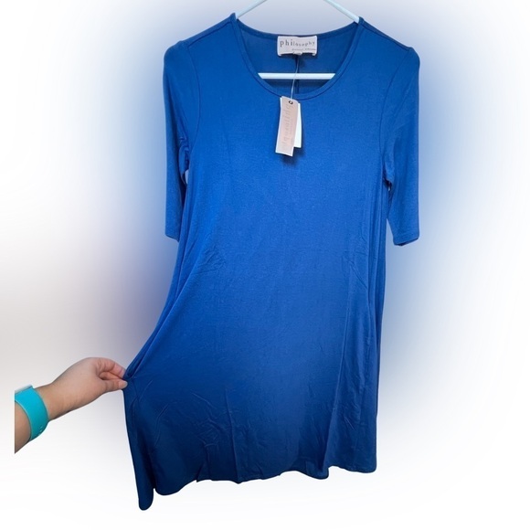𝅺NWT Philosophy Elbow Sleeve Crew Neck Swing Dress Blue XS with side pockets - Picture 4 of 10